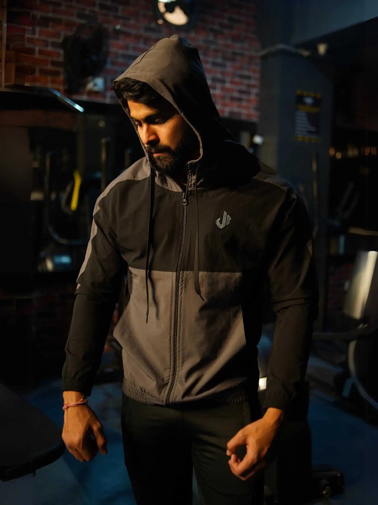 Black Colour Blocked Sports Jacket Hoodie