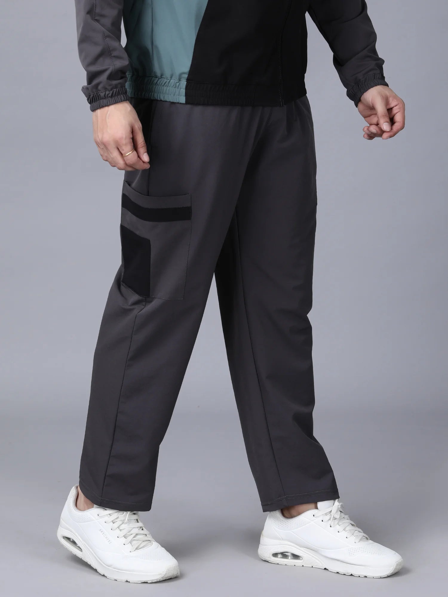 Grey Colour Blocked Nylon Track Pants
