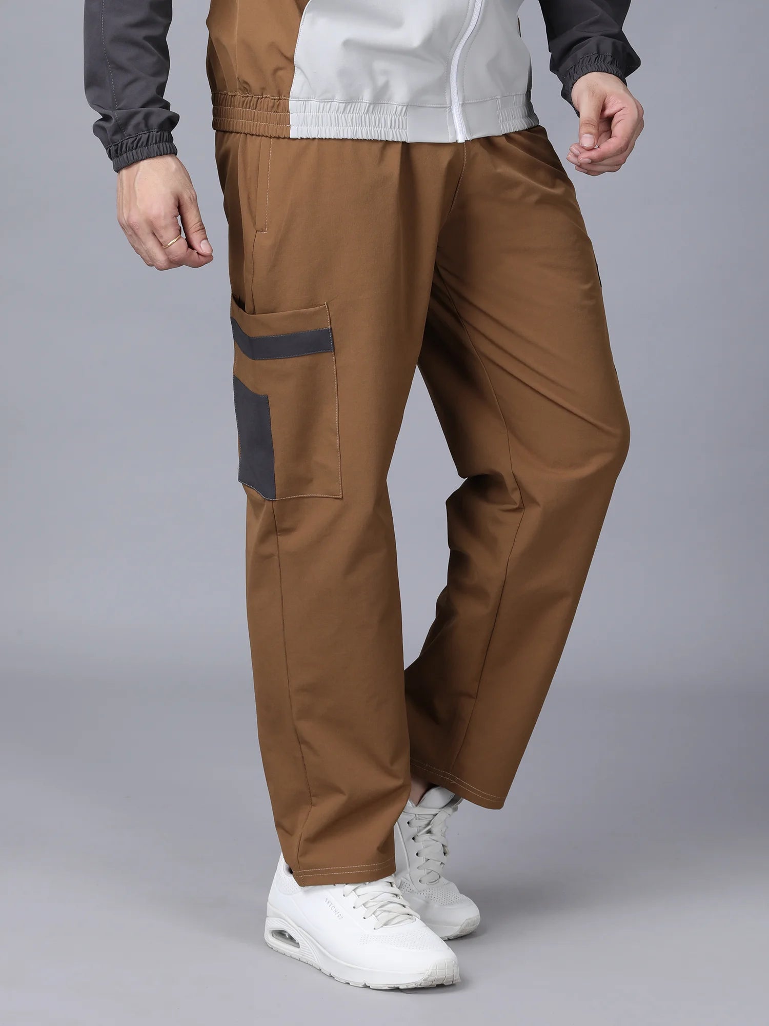 Tan Colour Blocked Nylon Track Pants