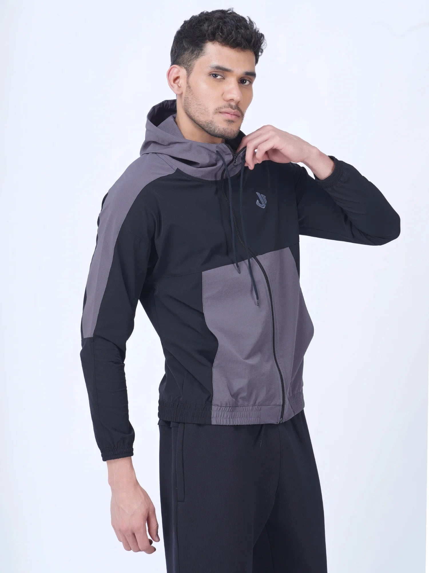 Black Colour Blocked Sports Jacket Hoodie