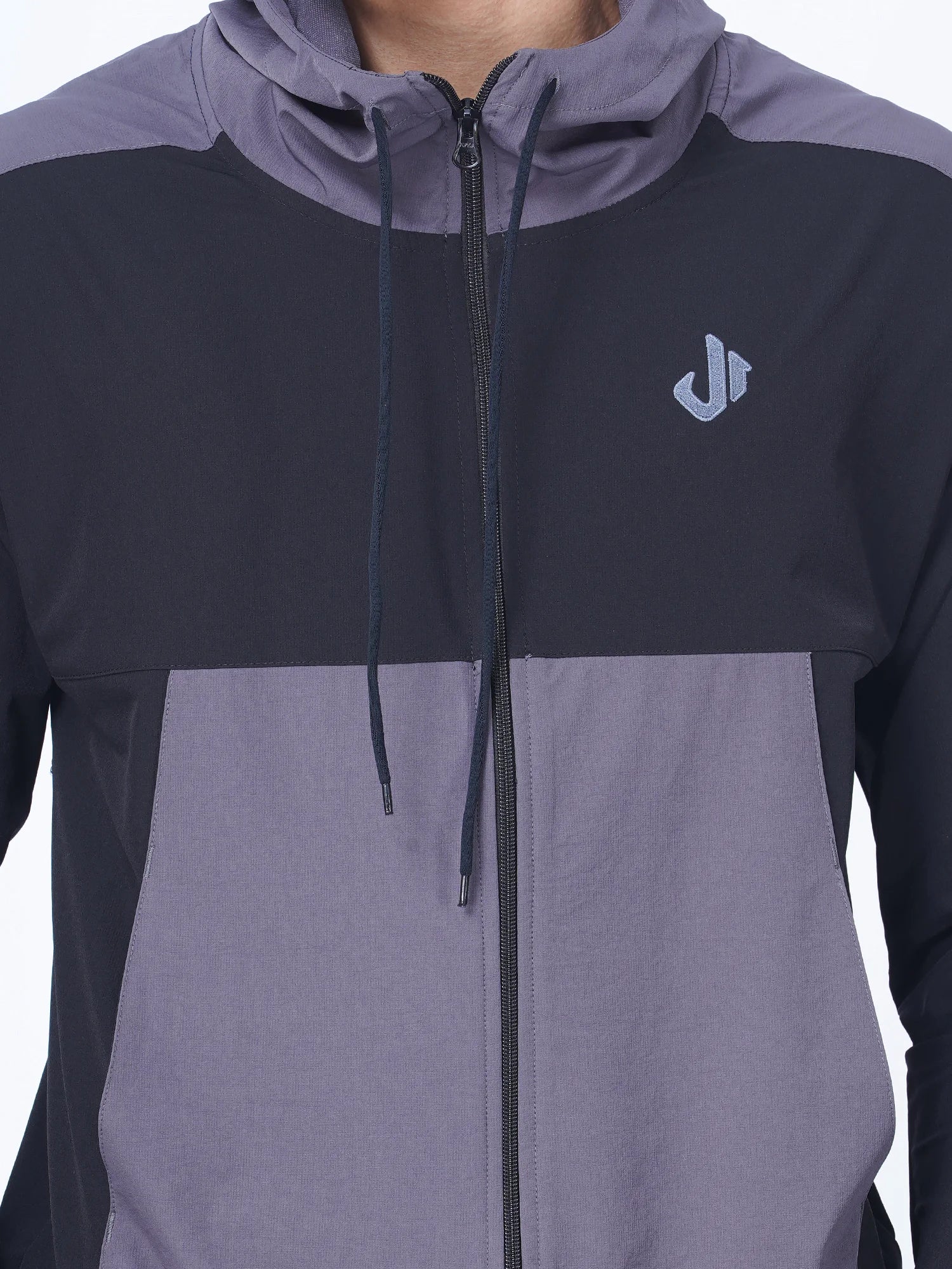 Black Colour Blocked Sports Jacket Hoodie