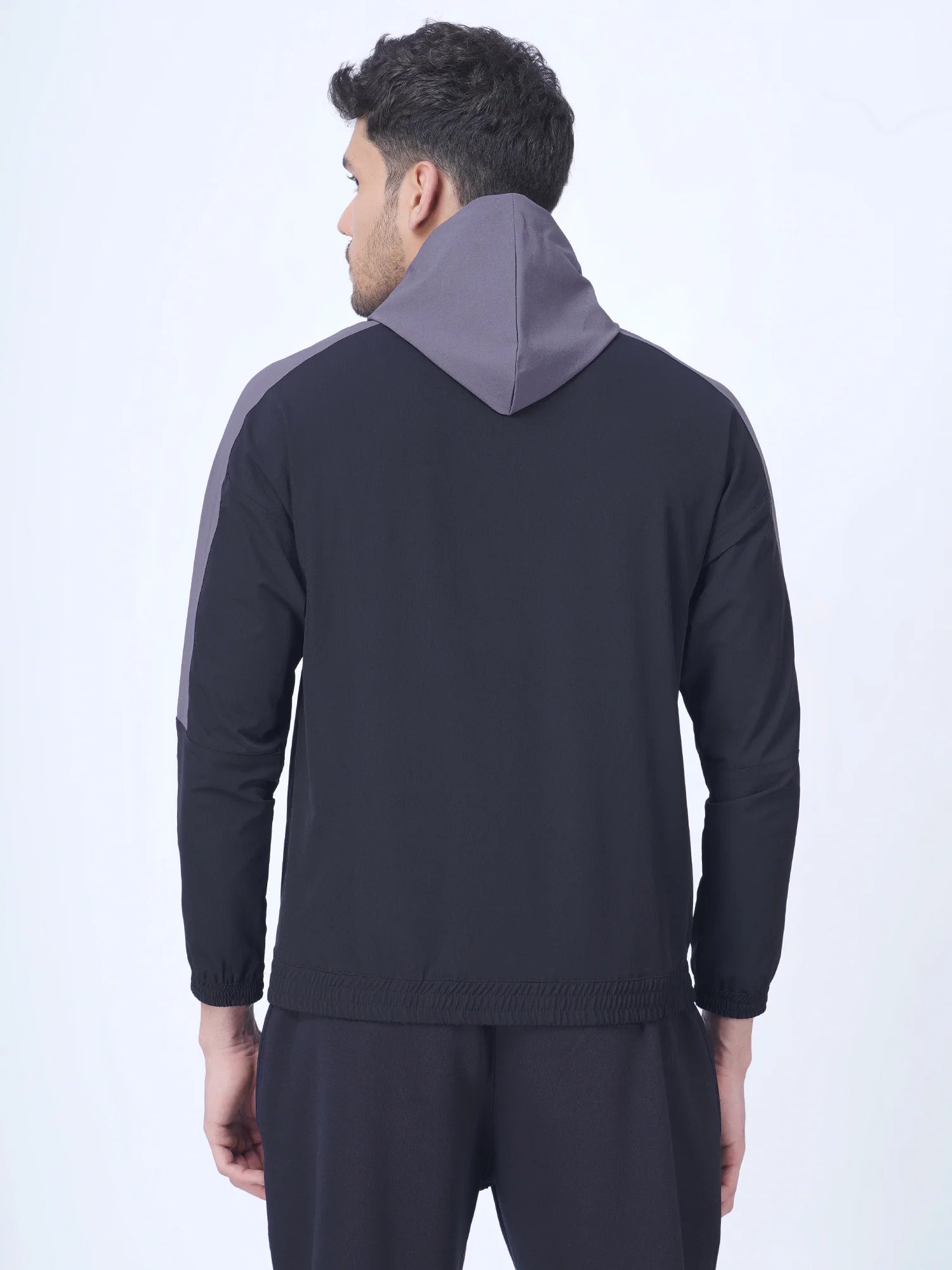 Black Colour Blocked Sports Jacket Hoodie