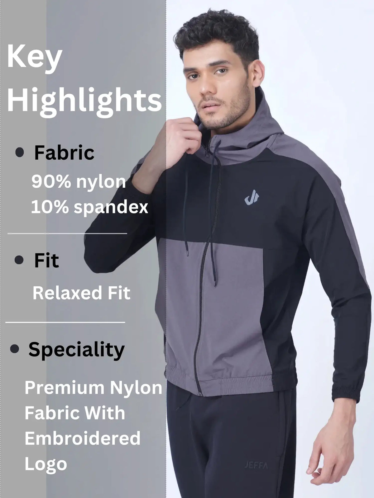Black Colour Blocked Sports Jacket Hoodie