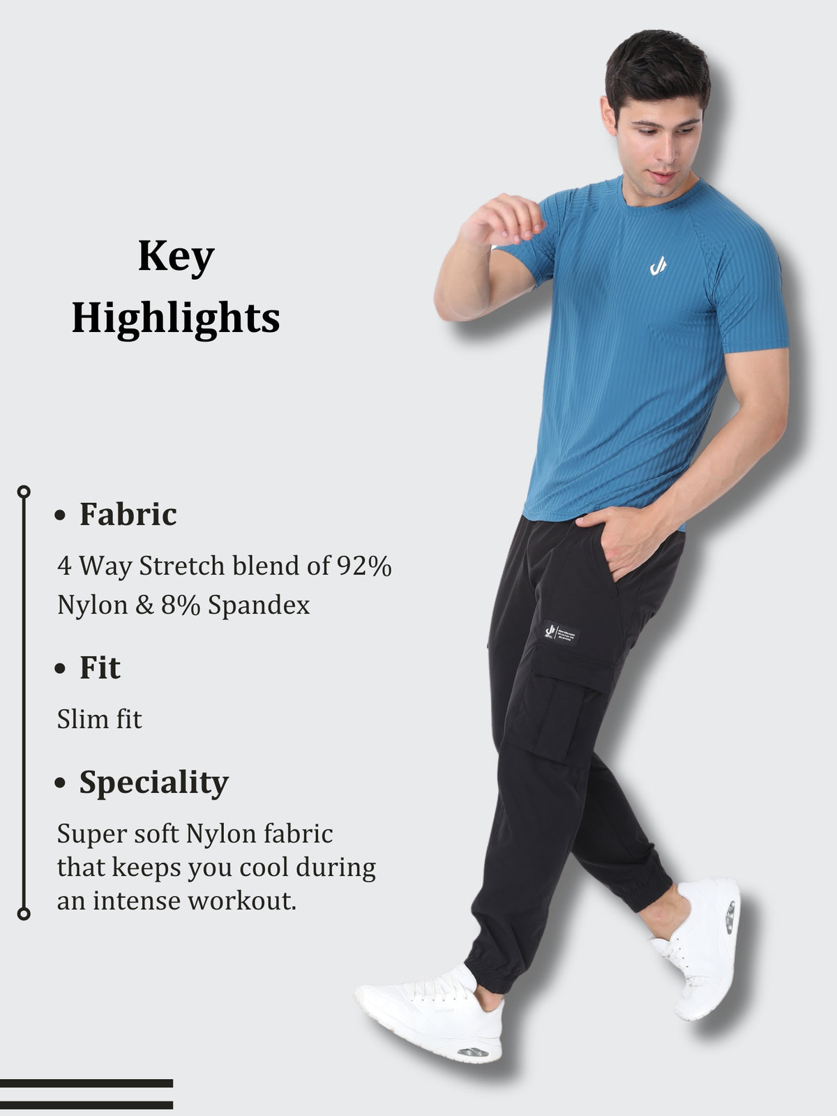 Infographic Highlighting Features of Jeffa Fit Fusion Nylon T-Shirt - Blue