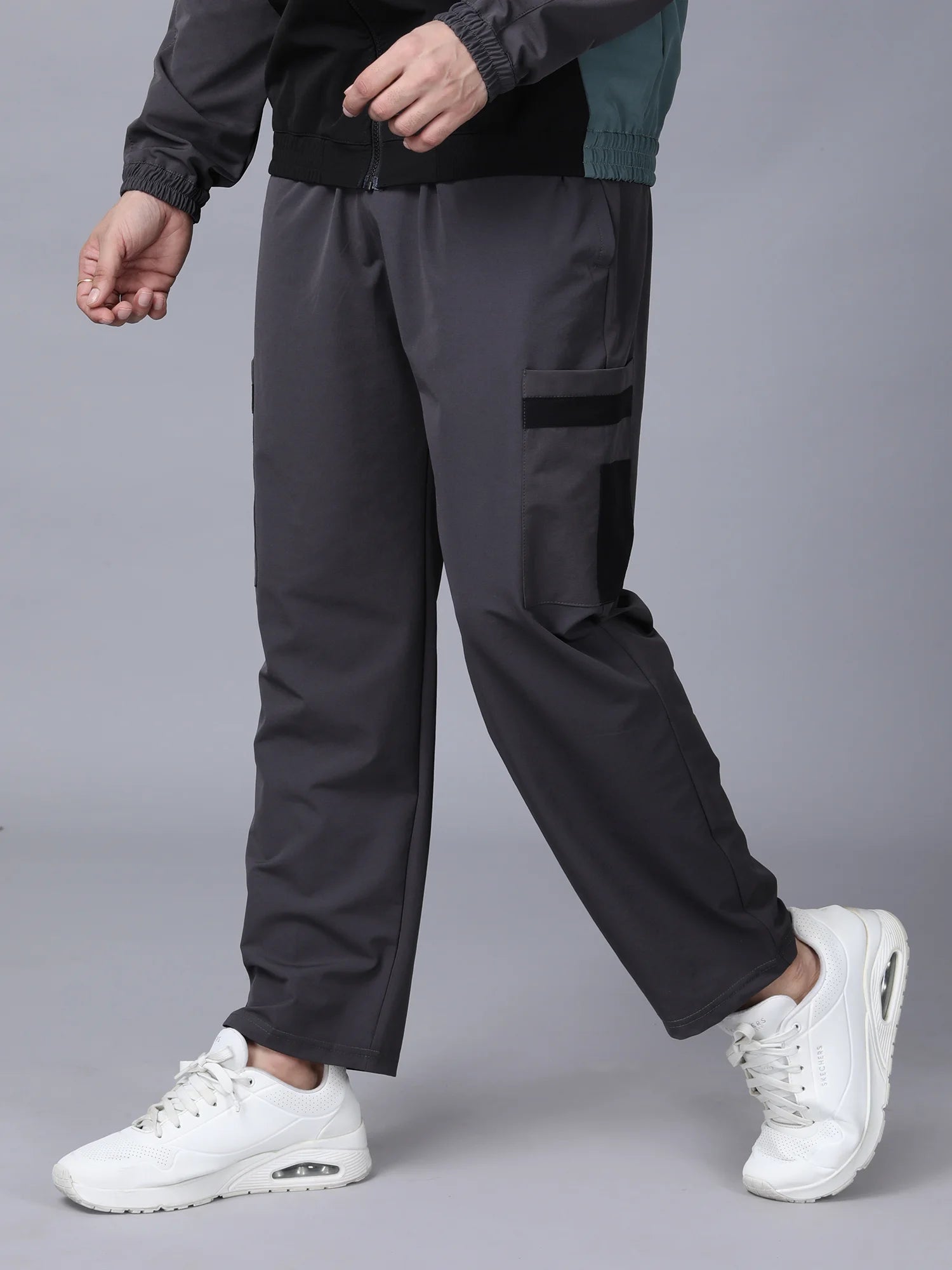 Grey Colour Blocked Nylon Track Pants