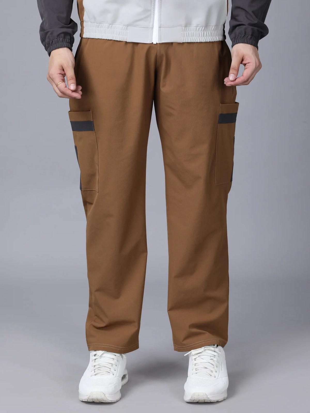Tan Colour Blocked Nylon Track Pants