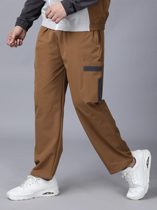 Tan Colour Blocked Nylon Track Pants