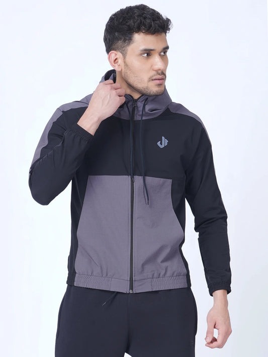 Black Colour Blocked Sports Jacket Hoodie