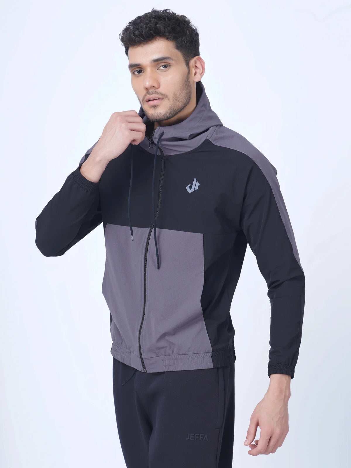 Black Colour Blocked Sports Jacket Hoodie
