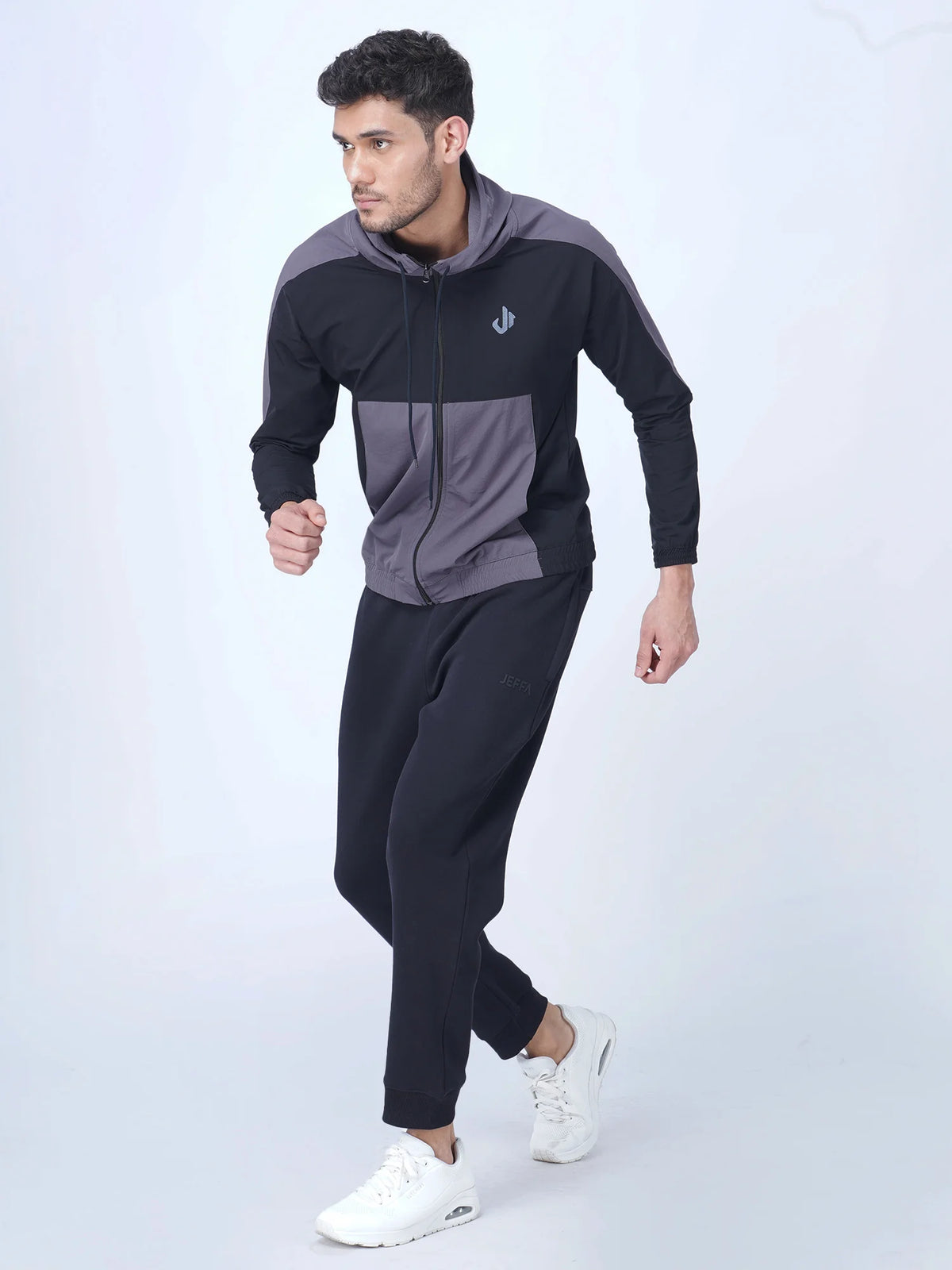 Black Colour Blocked Sports Jacket Hoodie