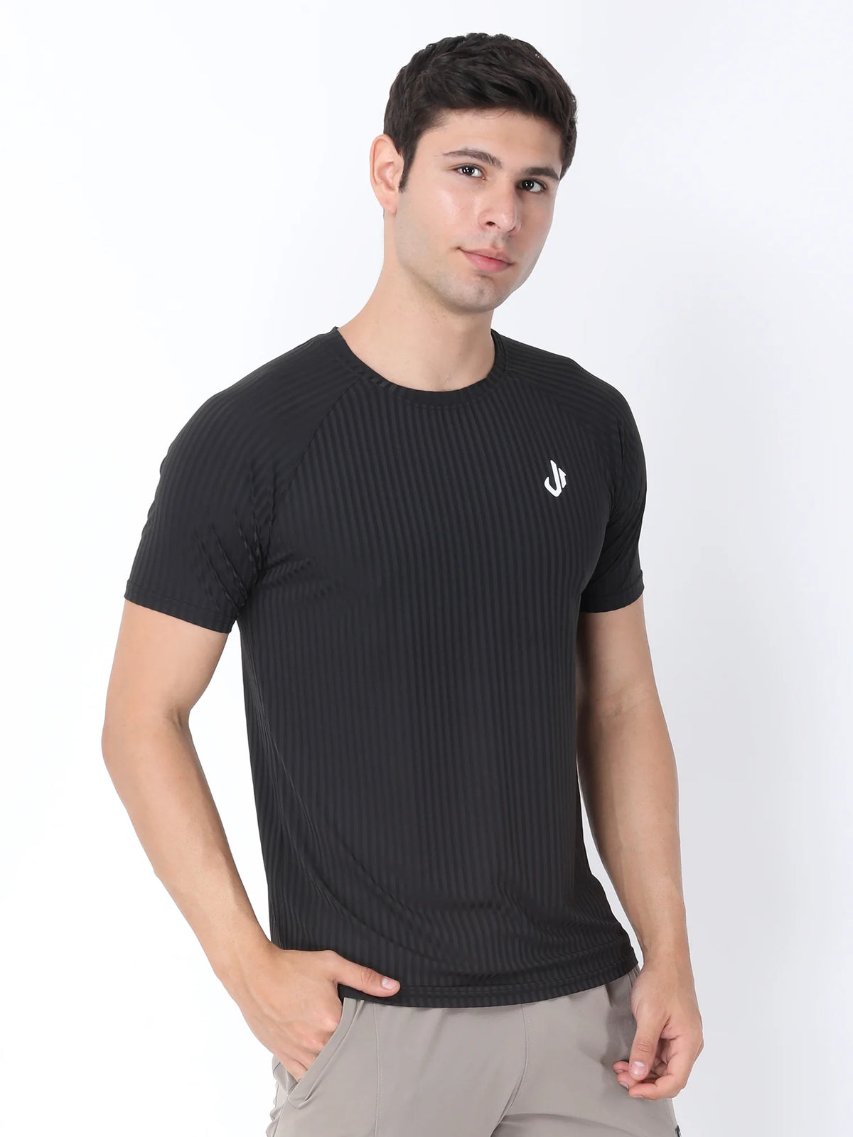 Right Side View of Jeffa Fit Fusion Nylon T-Shirt - Black