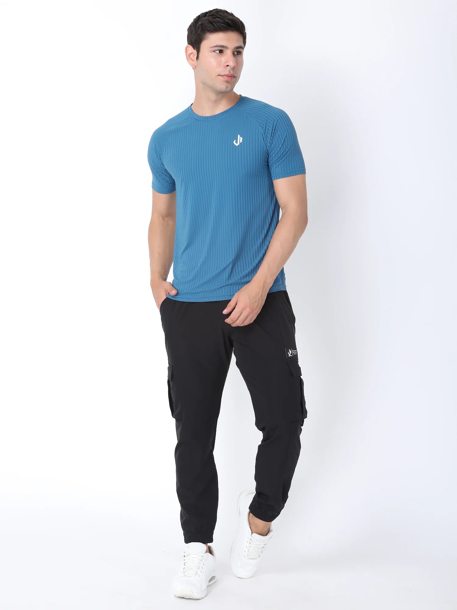 Full View of Jeffa Fit Fusion Nylon T-Shirt - Blue