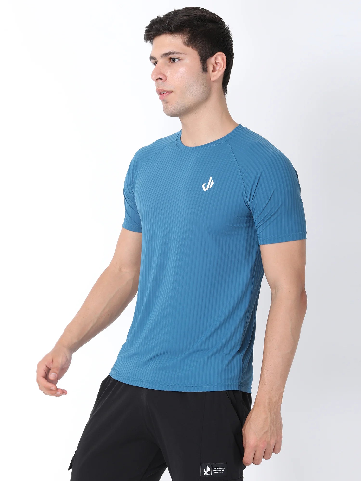 Left Side View of Jeffa Fit Fusion Nylon T-Shirt - Blue