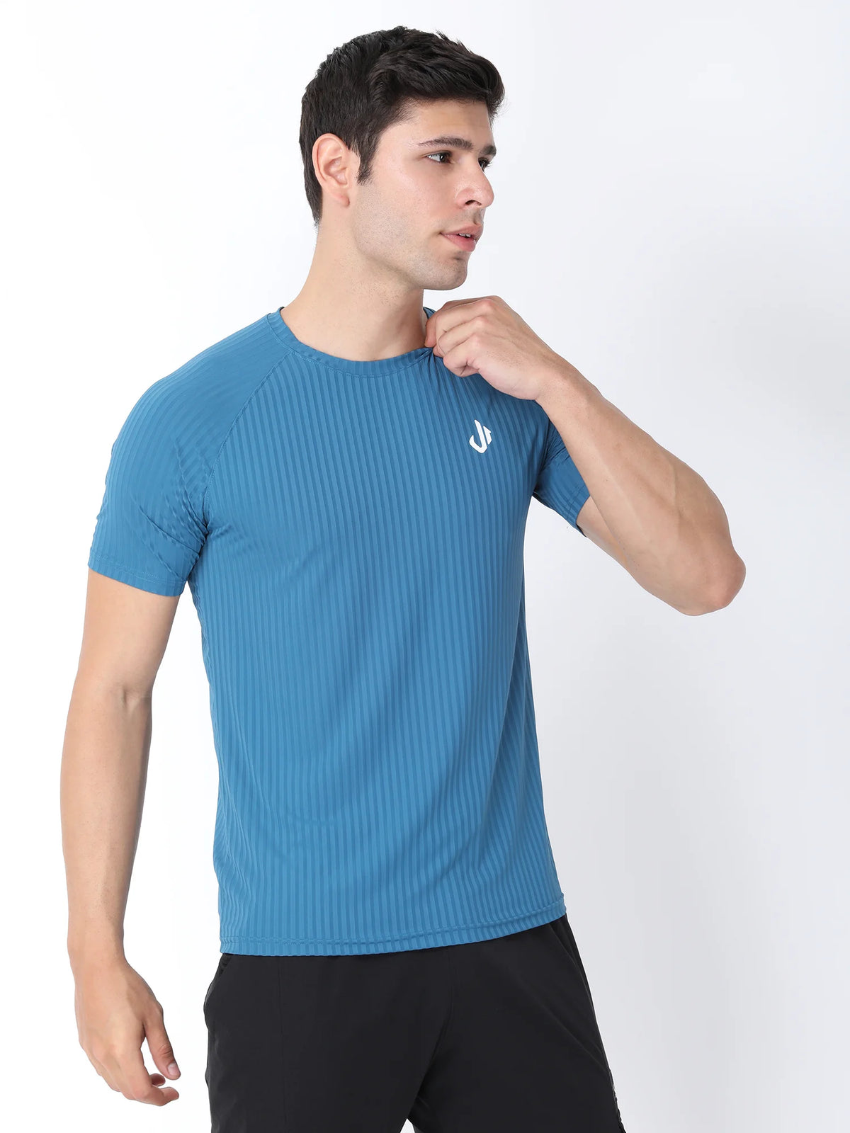 Right Side View of Jeffa Fit Fusion Nylon T-Shirt - Blue