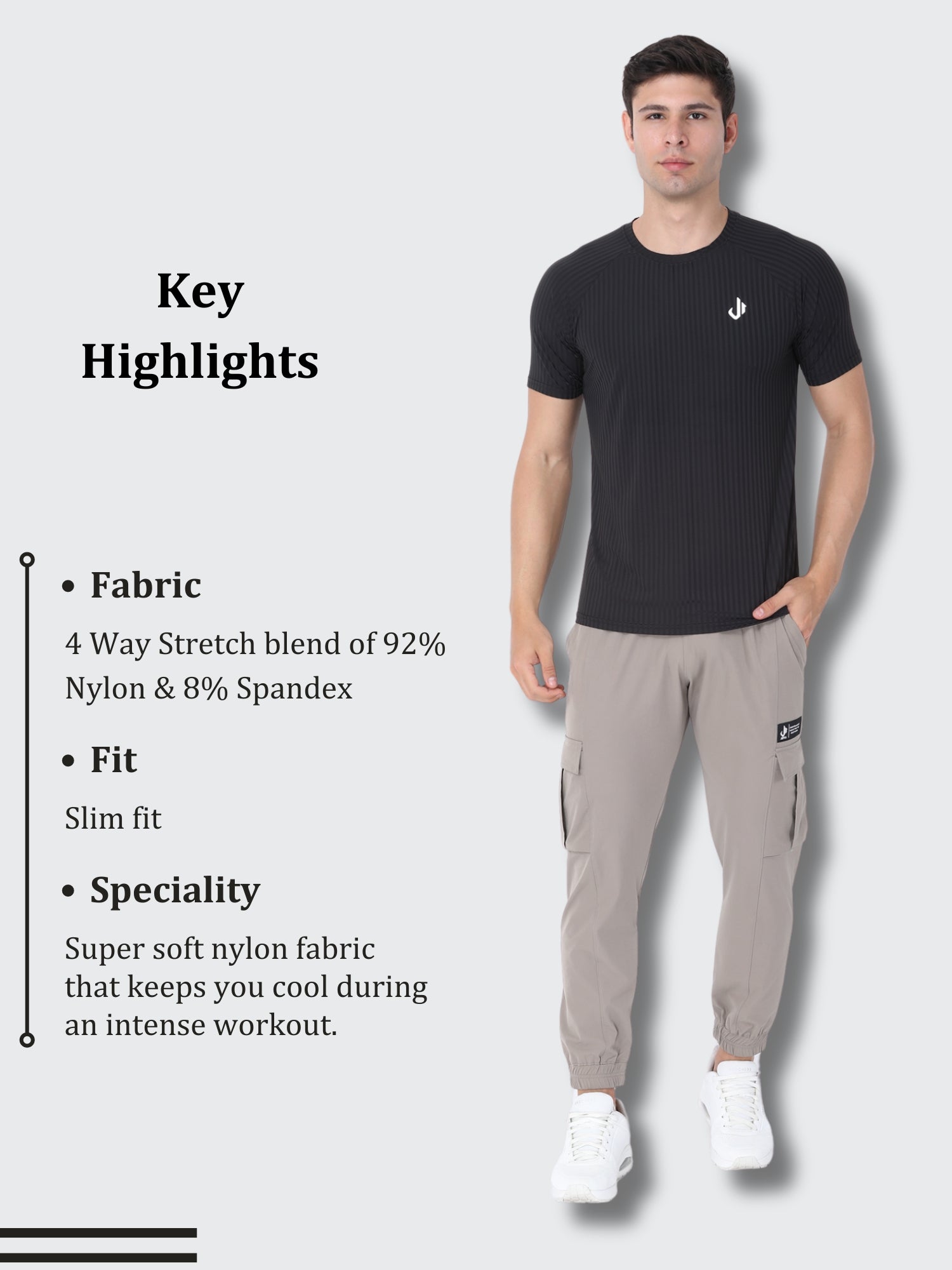 Infographic Highlighting Features of Jeffa Fit Fusion Nylon T-Shirt - Black