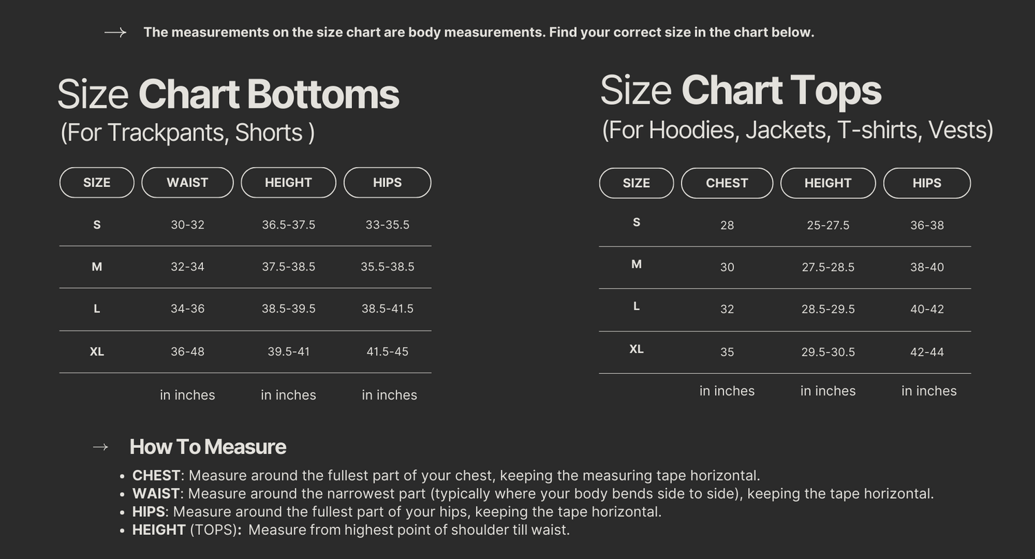 A cloth size chart in black and white colour.